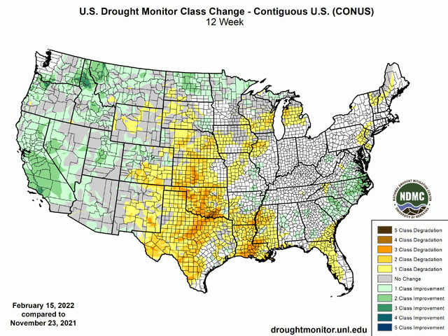 Drought conditions over the last three months have worsened for much of the Plains, southern Delta and Upper Midwest (in yellow and orange). But drought has also been reduced across a good portion of the West and parts of the Northern Plains and Southeast (in green). (Image courtesy National Drought Mitigation Center)