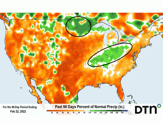 Precipitation over the past 90 days along with higher risk of spring flooding are noteworthy in the Ohio Valley and the Red River Valley. (DTN graphic)