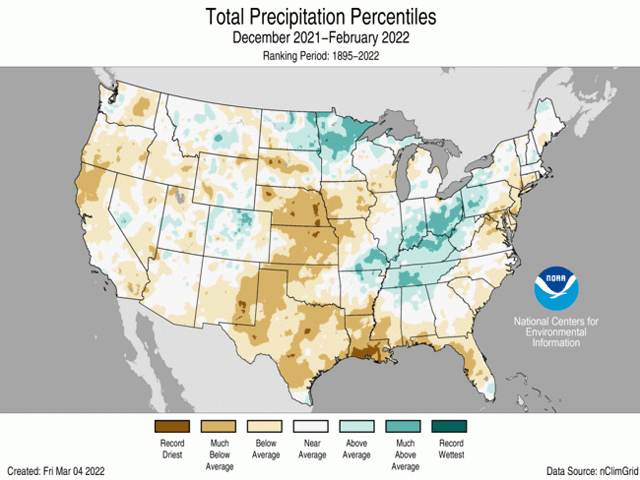 Winter precipitation was generous in the northern and southeastern Midwest but was meager to record dry in the western Midwest, Southern Plains and Deep South. (NOAA graphic)