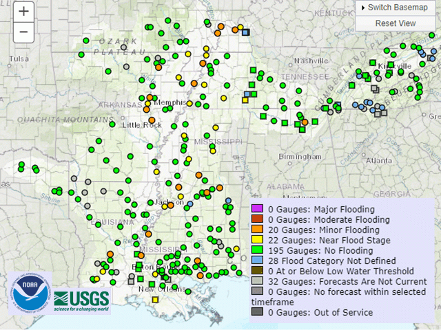 Mid-March finds the Lower Mississippi River system with mostly no flooding, favorable for river barge transportation. (NOAA/USGS graphic)