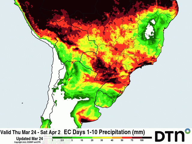 Precipitation during the next 10 days in Brazil will feature good rains in some areas, but not enough in others. Actual amounts are likely to be spottier than this forecast suggests from the European Centre for Medium-Range Weather Forecasts (ECMWF) model. (DTN graphic)