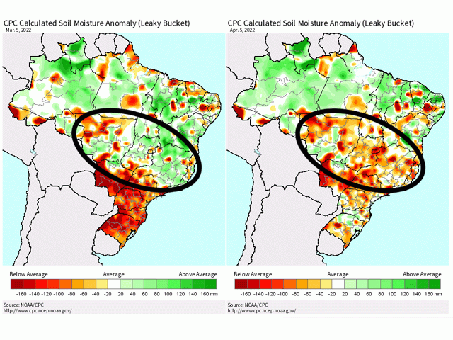 Soil moisture in central Brazil (circled) has been declining over the last month, increasing concerns for the safrinha corn crop. (USDA FAS graphics)