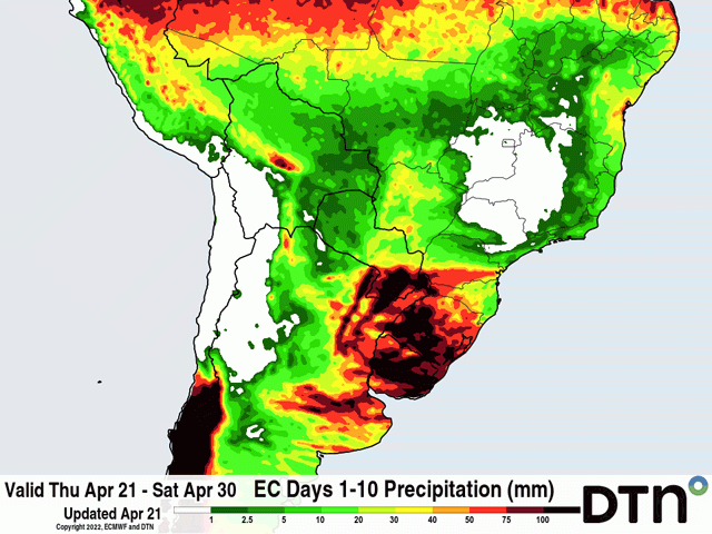 Moderate to heavy rainfall will come in waves across Argentina and southern Brazil through the end of April. (DTN graphic)