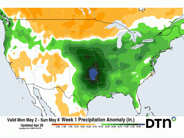 Weekly rainfall anomalies forecast by the European Centre for Medium-Range Weather Forecasts (ECMWF) model suggest it will be difficult to plant for much of the country outside of the Northern Plains. (DTN graphic)