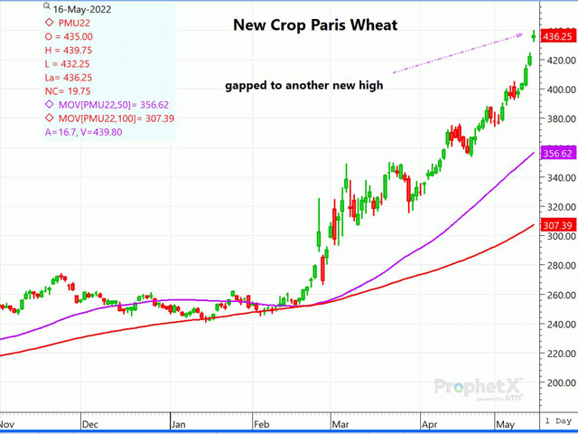 This is a daily chart of September Paris milling wheat futures gapping higher to a new contract high. A similar pattern existed early Monday with the three U.S. wheat markets. (DTN ProphetX chart by Dana Mantini) 