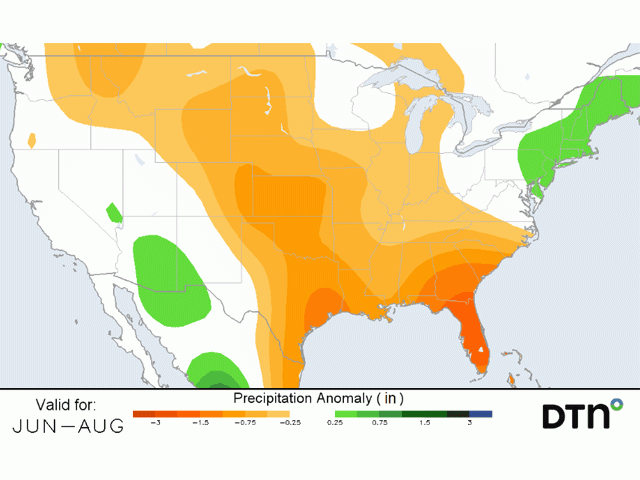 Summertime offers mostly below normal precipitation for the interior U.S. with no improvement in pasture and hay conditions. (DTN graphic)