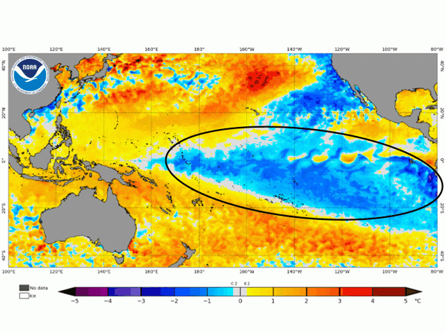 Equatorial Pacific Ocean temperatures had widespread cooling of as much as 3 degrees Celsius (5.4 degrees Fahrenheit) below average as of May 22, 2022. (NOAA graphic)