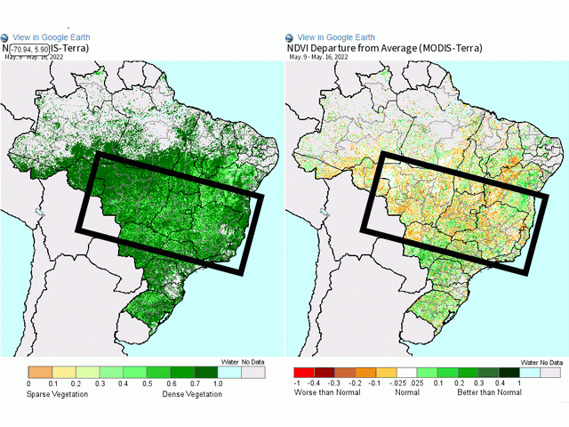 Normalized Difference Vegetative Index (NDVI) can indicate vegetative health. The overall image on the left indicates some brighter green patches in central Brazil (poor health). The image on the right indicates that the lack of "greenness" is well-below normal for this time of year. (USDA graphics)
