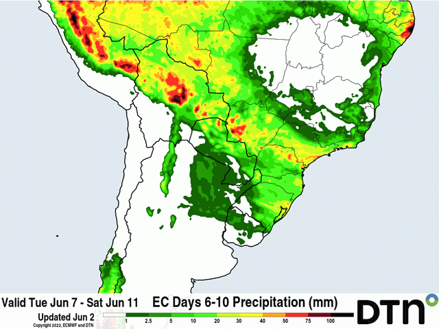 A front will produce some limited showers for central Brazil next week. The forecast from the European Centre for Medium-Range Weather Forecasting (ECMWF) model pictured here, gives chances for mostly western Mato Grosso and Mato Grosso do Sul, leaving other areas of central Brazil dry. (DTN graphic)