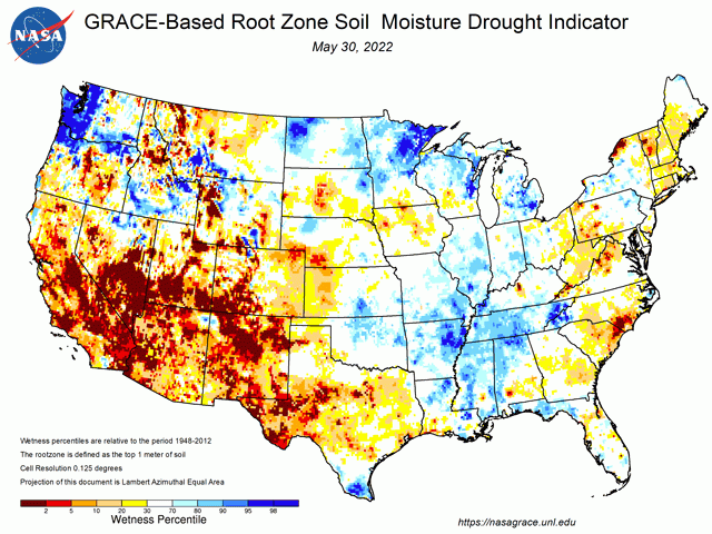 Soil moisture at the end of spring showed high variability in primary U.S. crop areas. (NASA graphic)