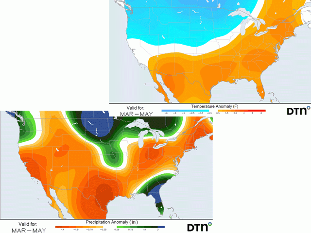 DTN temperature and precipitation anomalies from the months of March through May across the U.S. Wet and cool conditions were centered across the Northern Plains and Upper Midwest with dry and warm conditions centered across the Southern Plains to the Ohio Valley. (DTN graphics)