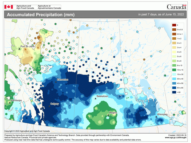 Rainfall over the past seven days across the Canadian Prairies has been significant for most areas. Central Saskatchewan and the Peace region of Alberta have recorded much smaller amounts. (Map courtesy of Agriculture and Agri-Food Canada )
