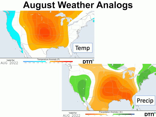 Orange and red colors on weather model composite analog graphics indicate above-normal temperatures and below-normal precipitation -- warm and dry -- in all primary U.S. row crop areas for August 2022. (DTN graphic) 