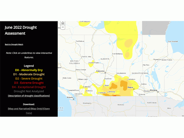 The area in drought in southern Alberta and Saskatchewan is the lowest coverage since July 2020. (Agriculture and Agri-Food Canada graphic)