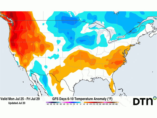 Lower temperatures across the Plains and Midwest are being forecast by most models for next week. The GFS depiction here for July 25-29 is currently the most widespread in its heat relief. (DTN graphic)