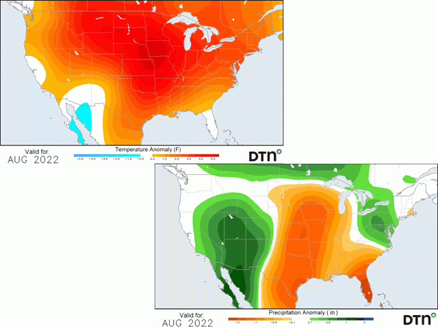 August is forecast to be hotter and drier than normal for most of the country&#039;s growing regions. (DTN graphic)