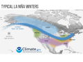 The winter La Nina jet stream track is a wet weather-maker for the Northwest and the Midwest, and a dry weather producer for the Southern Plains through the Southeast. (NOAA graphic)