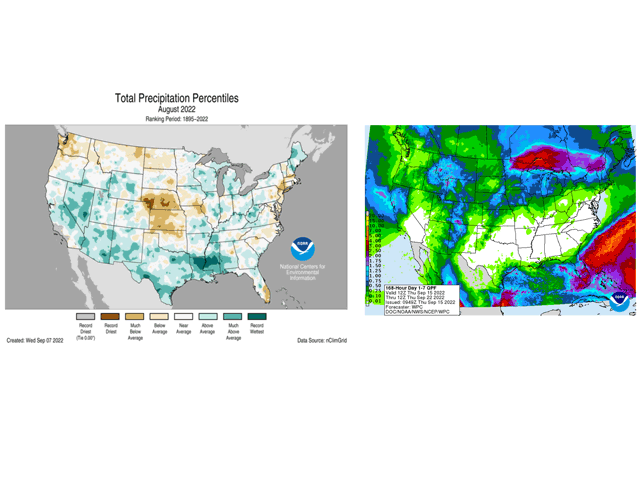 August was record-dry in much of Nebraska and very dry elsewhere in the Central Plains and western Midwest. Seven-day forecast precipitation offers the heaviest amounts in months in some areas. (NOAA graphics)