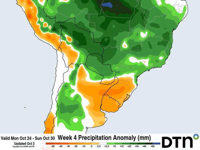 While timing and locations vary a bit between models, a period of dryness is expected to show up for southern Brazil from late October into November. The European Centre for Medium-Range Weather Forecasting model for the last week of October, pictured here, is a general pattern that is favored for several weeks coming up. (DTN graphic)