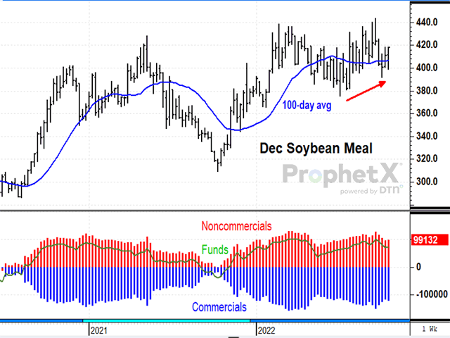 December soybean meal prices stumbled to a new two-month low on Oct. 6 and threatened to trigger further selling, but commercial buyers stepped in and lifted prices back above the 100-day average, a sign of bullish physical demand (DTN ProphetX chart).