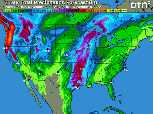 A storm system will produce some rain for the middle of the country later this week. There is a question whether or not showers will fall in the driest areas of the western Plains. (DTN graphic)