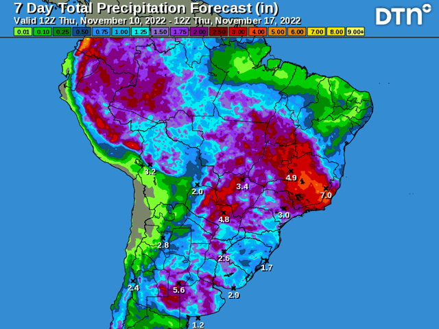 Models are suggesting good rainfall for the next few days before clearing out of Argentina and southern Brazil. But will that be widespread? (DTN graphic)