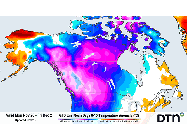 Cold air from the Arctic is forecast to return to most of Canada next week. (DTN graphic)