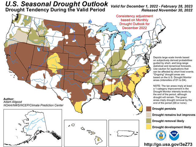 The NOAA/CPC Drought Outlook through February 2023 calls for improvement in the Northwest with drought either continuing or developing over most of the remainder of the western U.S. (NOAA/CPC graphic)