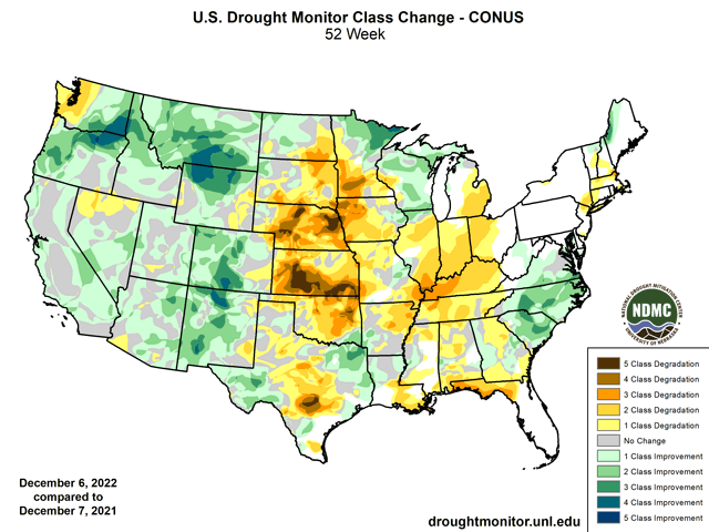 Calendar year 2022 featured drought improvement in the northern Rockies, but a deepening of drought by up to five categories in the Plains and Midwest. (National Drought Mitigation Center graphic)