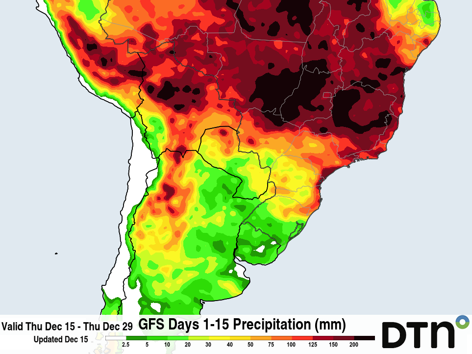 Precipitation during the next two weeks across the southern half of South America continues to be well-below normal. Amounts less than 30 millimeters (1.2 inches) are expected for most areas through the end of the year. (DTN graphic)