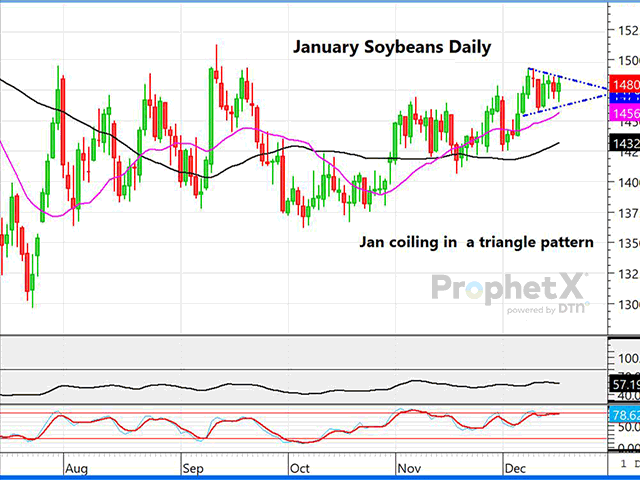 The chart above is a daily chart of January soybeans which has shown a pattern of lower highs and higher lows, likely to result in a breakout one way or the other. It remains a guessing game as to which. (DTN ProphetX chart by Dana Mantini)