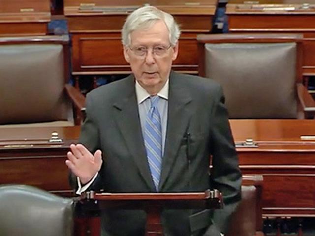 Senate Minority Leader Mitch McConnell, R-Ky., on the U.S. Senate floor Thursday making his case for Congress to quickly pass a new farm bill now that the debt-ceiling legislation has been signed into law. (Image from YouTube video) 