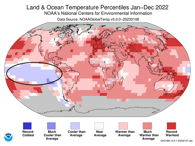 Thanks to La Nina, the Pacific Ocean was the only location on Earth with lower temperatures versus the long-term average in 2022. (NOAA/NCEI graphic)
