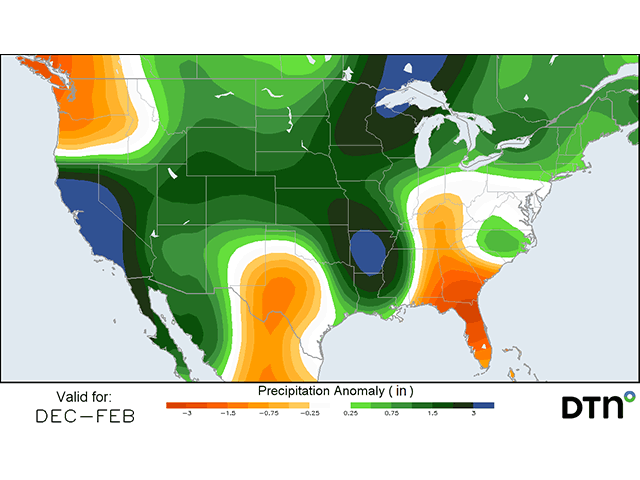 Precipitation has been above normal for most of the country this winter, outside of a few spots like the Northwest, West Texas, and parts of the Southeast. (DTN graphic)