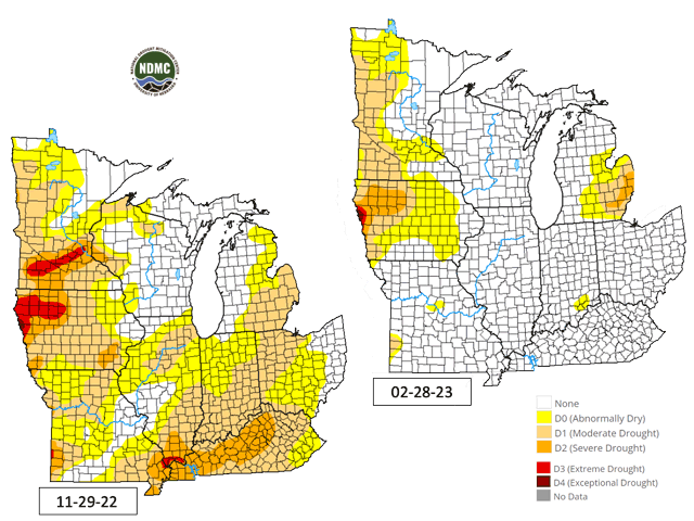 Drought-free areas in the Midwest grew from just over 26% at the start of the 2022-23 winter to more than 77% due to heavy rain and snow in the December-January-February period. (U.S. Drought Monitor graphic) 