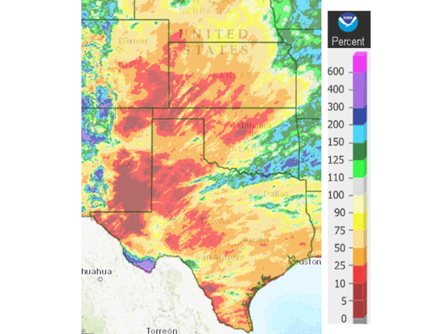 The Southern Plains region is almost entirely void of precipitation in the past 30 days, giving no moisture for winter wheat exiting dormancy. (NOAA graphic)
