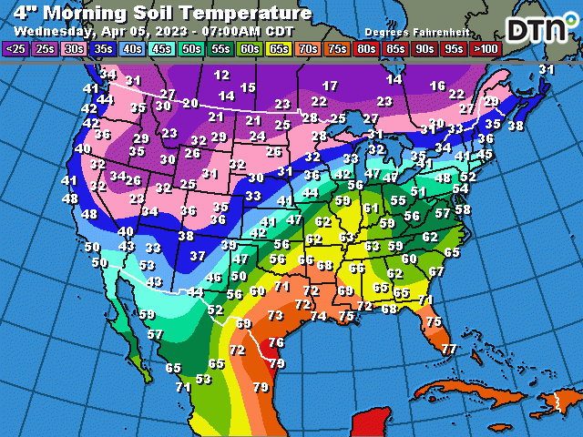 Modeled 4-inch soil temperatures can tell us where it may be warm enough to start planting, and which areas may see some delays. (DTN graphic)
