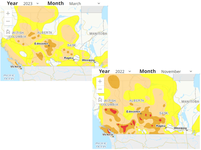 Drought has been significantly reduced during the winter, but still exists. The outlook for the 2023 growing season will depend highly on the underlying dryness issues. (DTN graphics)