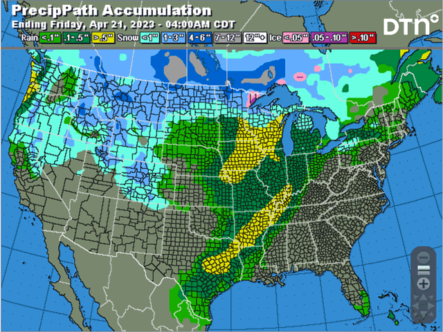 Several waves of precipitation will cause myriad impacts across the U.S. this week, including strong winds, severe storms, and heavy snow near and north of the Canadian border. The threats are more muted after Friday. (DTN graphic)