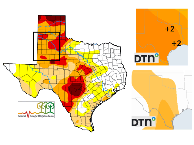 The Texas South Plains region is in drought for almost three full years dating to May 2020. The DTN June-to-August forecast for the region, along with most of Texas, is for a hot and dry pattern. (National Drought Mitigation Center and DTN graphics)