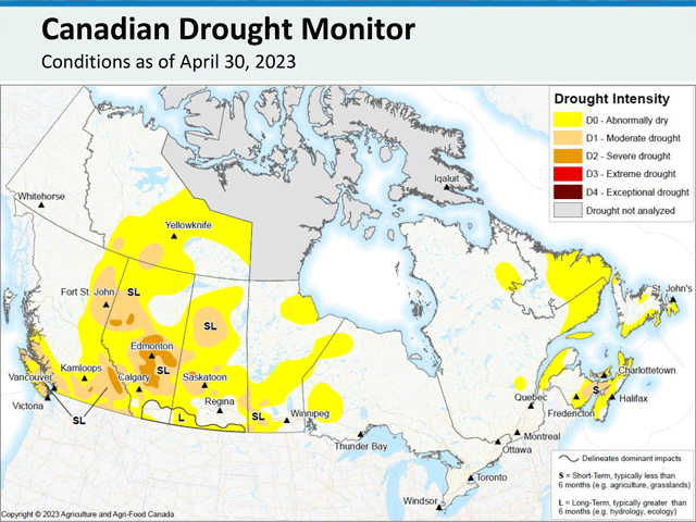 Drought coverage in the Canadian Prairies only slightly improved from March and a large section of Severe Drought is situated over Alberta. (Agriculture and Agri-Food Canada graphic)