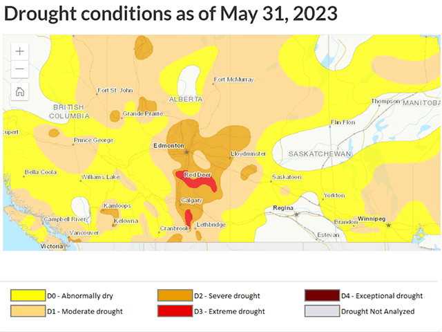 The update to the Canadian Drought Monitor showed significant increases in drought across central and southern Alberta. Conditions were mixed elsewhere. (Agriculture and Agri-Foods Canada graphic)