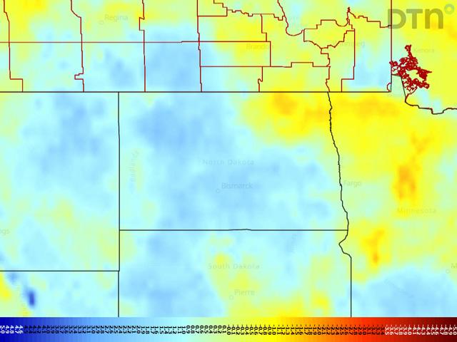 Modeled soil moisture is above normal for a lot of North Dakota (in blue) at the moment, thanks to some heavy rain during the weekend. (DTN graphic)