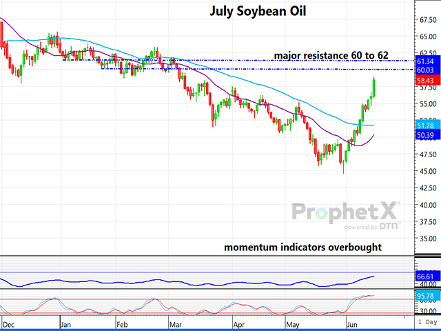 This is a daily chart of July 2023 soybean oil futures and shows Thursday&#039;s surge higher to just below what should be a major resistance area. (DTN ProphetX Chart by Dana Mantini)