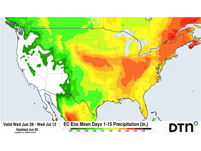 The precipitation forecast for the next two weeks favors the southern half of the Corn Belt. (DTN graphic)