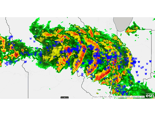 A bow echo raced across the southern Corn Belt on the afternoon of June 29. Widespread wind damage and several reports of wind over 80 mph classify this as a derecho. The hourly radar is from 10 a.m. through 2 p.m. CDT Thursday. (DTN graphic)