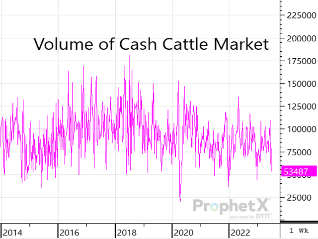 Cash cattle prices could be higher this week as packers are going into the week short bought and in desperate need of cattle. (DTN ProphetX chart by ShayLe Stewart). 