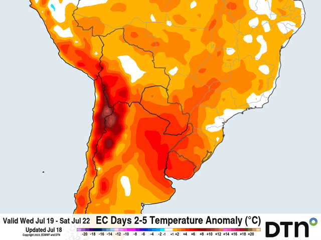Temperatures will warm up through the rest of this week across southern Brazil, with temperatures expected to approach 6-8 degrees Celsius (or 10-14 degrees Fahrenheit) above normal in some areas of southern Brazil. (DTN graphic)