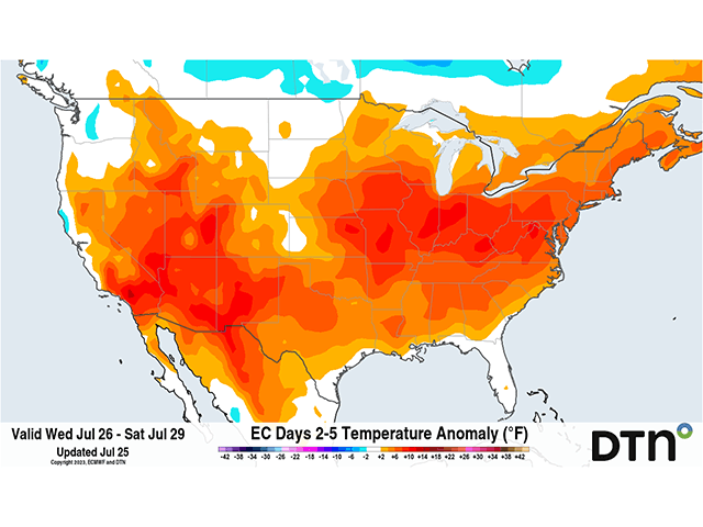 Midwest temperatures are forecast to be from 10-15 degrees Fahrenheit above average during the final week of July. (DTN graphic)