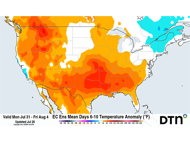 Relief from the extensive heat will come for much of the Corn Belt next week, but the West and South will stay mired in high temperatures. (DTN graphic)